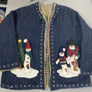Chenille Jacket Cottagecore Granny Sweater Cardigan Snowman Country christmas